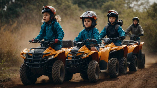 Kids riding orange ATVs on a dirt trail, wearing helmets and outdoor gear, off-road adventure