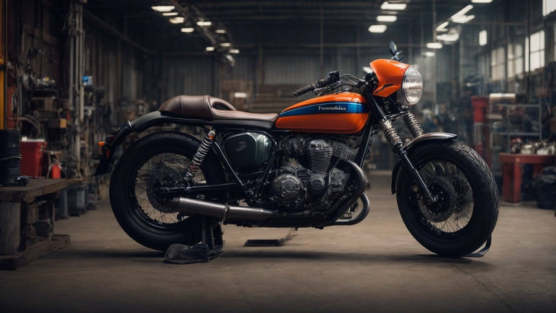 Vintage motorcycle with orange fuel tank parked inside a spacious mechanic garage