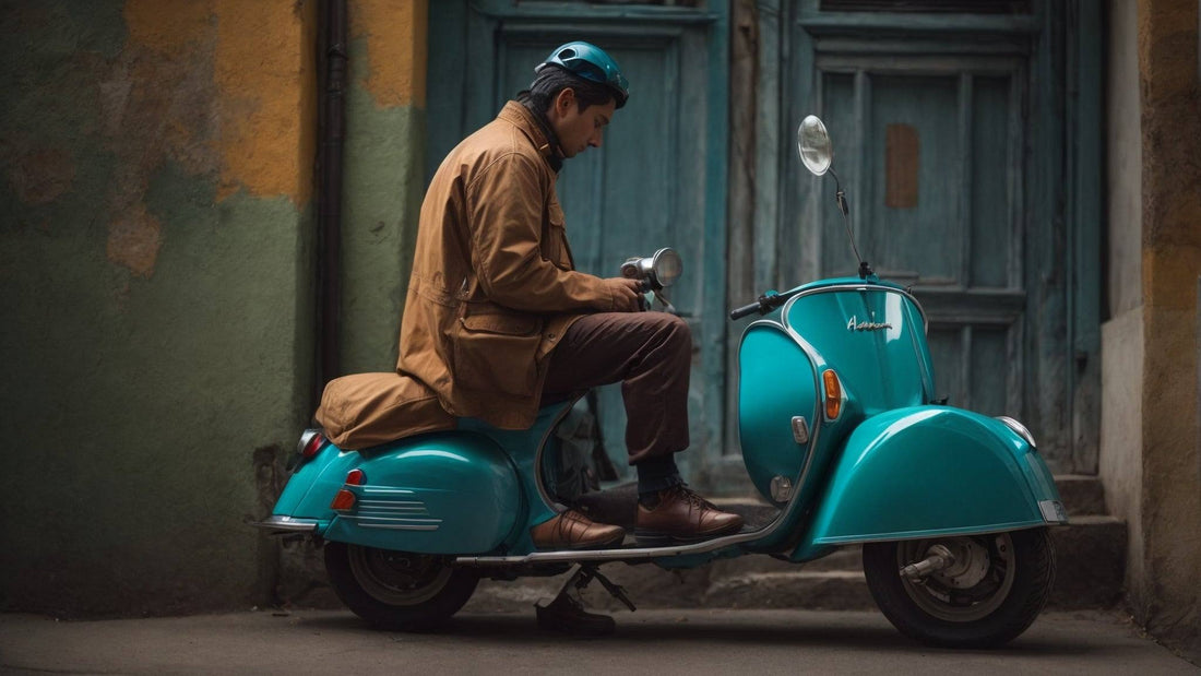 Man performing motor scooter maintenance, wearing helmet, in urban setting