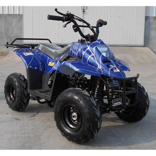 Blue 110cc kids ATV with rugged tires and spider web graphics, parked outdoors