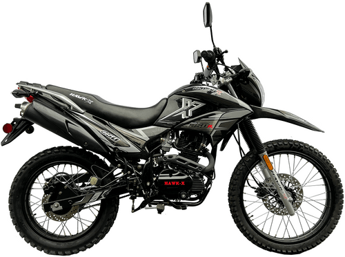 Black RPS Hawk 250 X motorcycle, dual sport dirt bike with rugged off-road tires