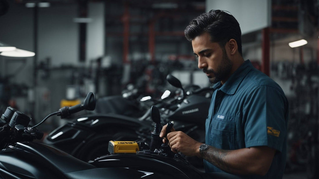Technician servicing black motorcycle in a powersports service center