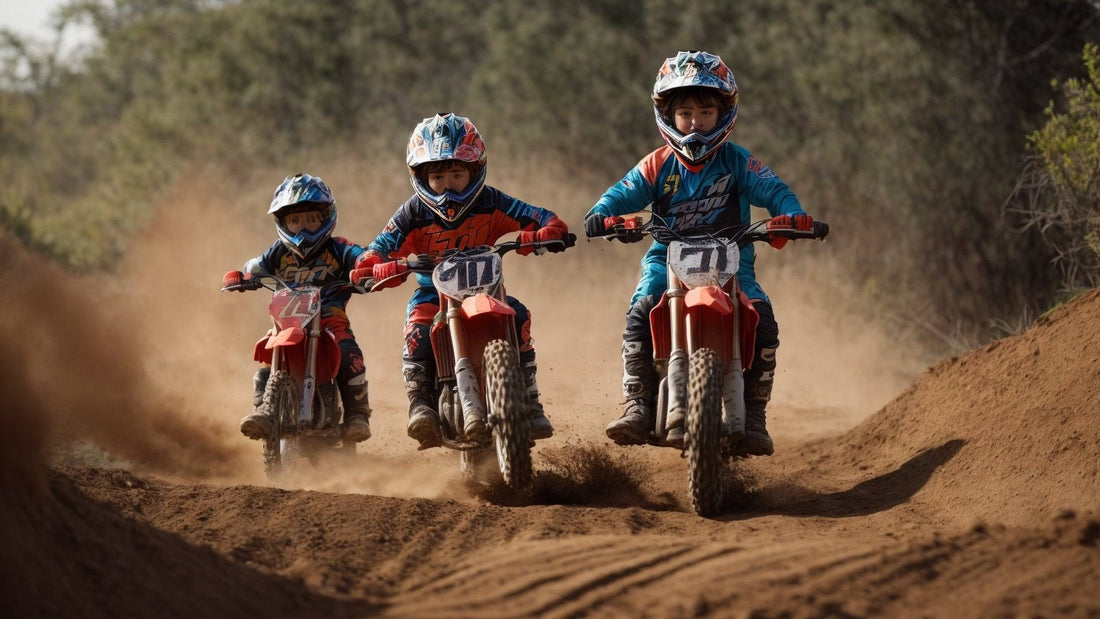 Kids riding dirt bikes with helmets on a dusty outdoor trail, youth off-road motorbikes