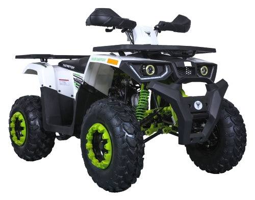 White and green utility ATV with rugged tires and aggressive front grille on white background