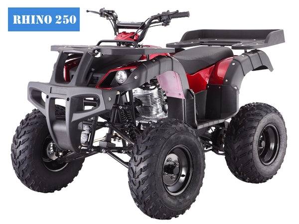 Red Rhino 250 utility ATV with rugged tires and black front brush guard, side view.