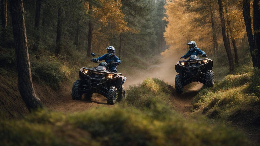 Two riders on ATVs driving through a forest trail with autumn foliage, outdoor adventure