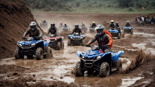 Group of riders on blue all-terrain vehicles driving through muddy trail outdoors