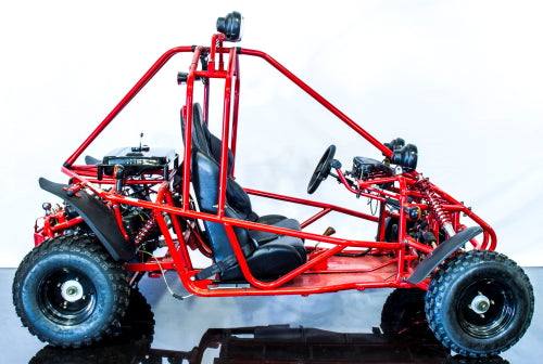 Red double seat go-kart with off-road tires and roll cage, side view against white background