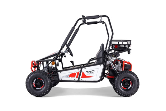 Side view of a single-seat 125cc go-kart with off-road tires and roll cage on white background