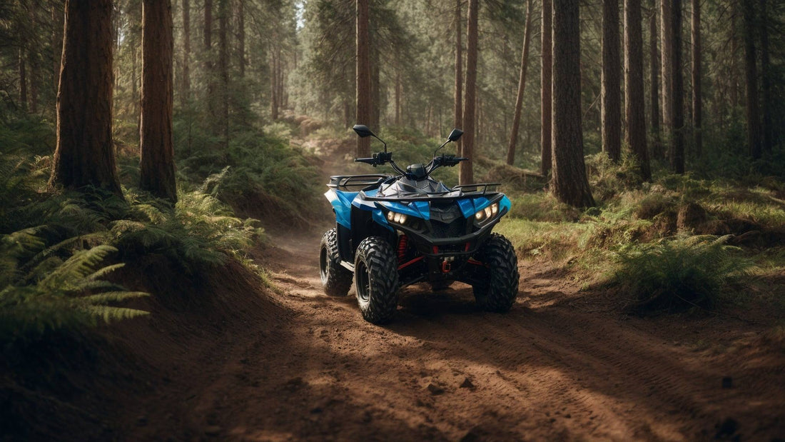 Blue ATV on a rugged dirt trail in a dense forest with sunlight streaming through trees