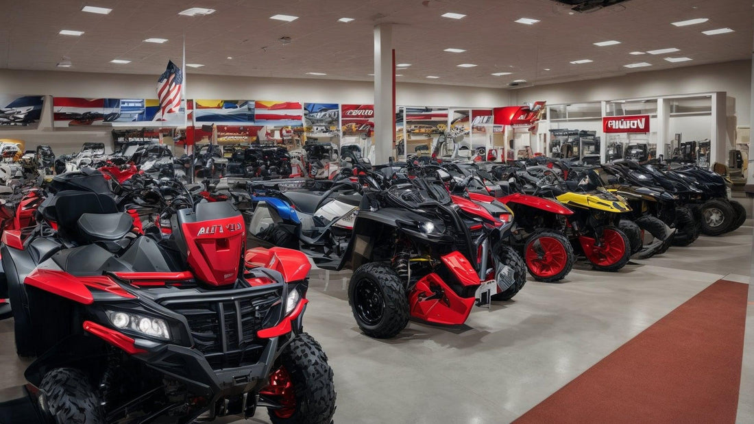 Showroom with new ATVs, go-karts, and powersports vehicles in various colors on display