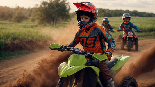 Kids riding youth ATVs on a dirt trail, wearing safety gear and helmets outdoors