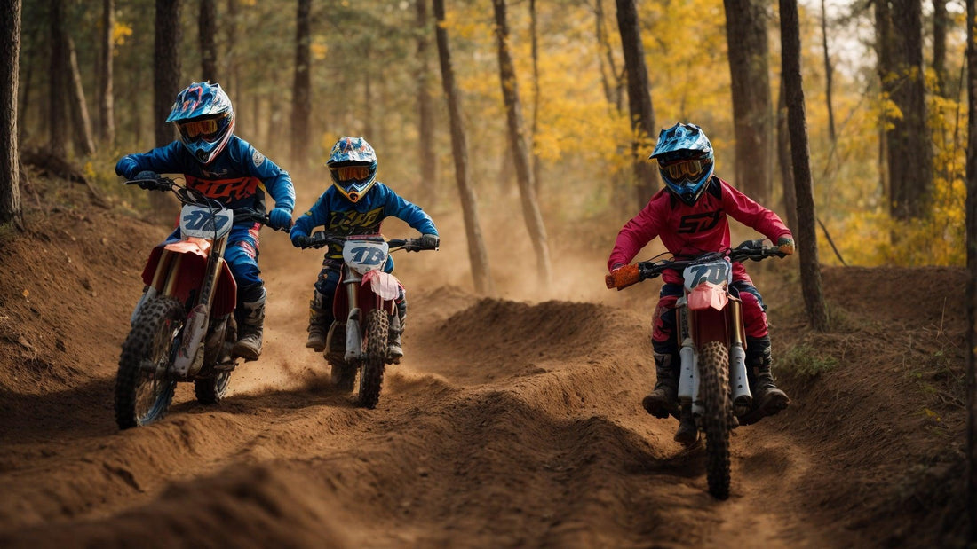 Kids riding dirt bikes on a rugged forest trail, wearing helmets and protective gear.