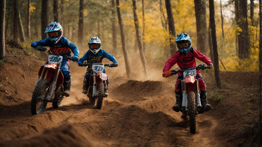 Kids riding dirt bikes on a rugged forest trail, wearing helmets and protective gear.