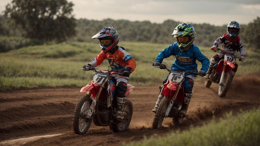 Kids riding dirt bikes on an outdoor off-road track in full motocross gear