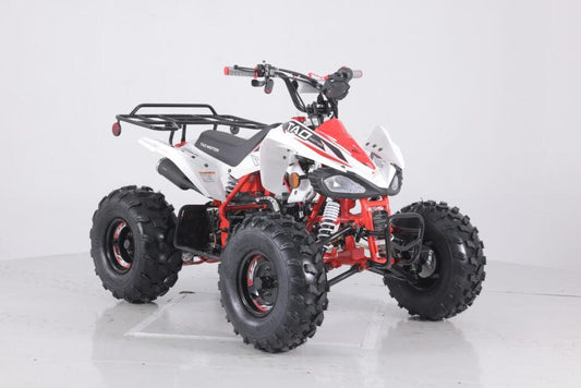 Red and white youth ATV with rugged tires, front brush guard, and rear utility rack