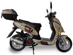 Beige 150cc fuel-efficient scooter with rear storage box, side view on white background