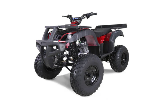 Red and black four-wheeler ATV with rugged tires on a white background