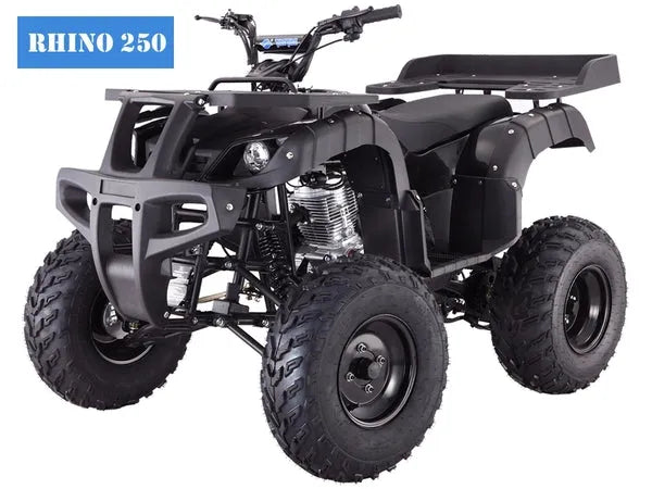 Black Rhino 250 ATV with rugged tires, off-road design, and front utility rack