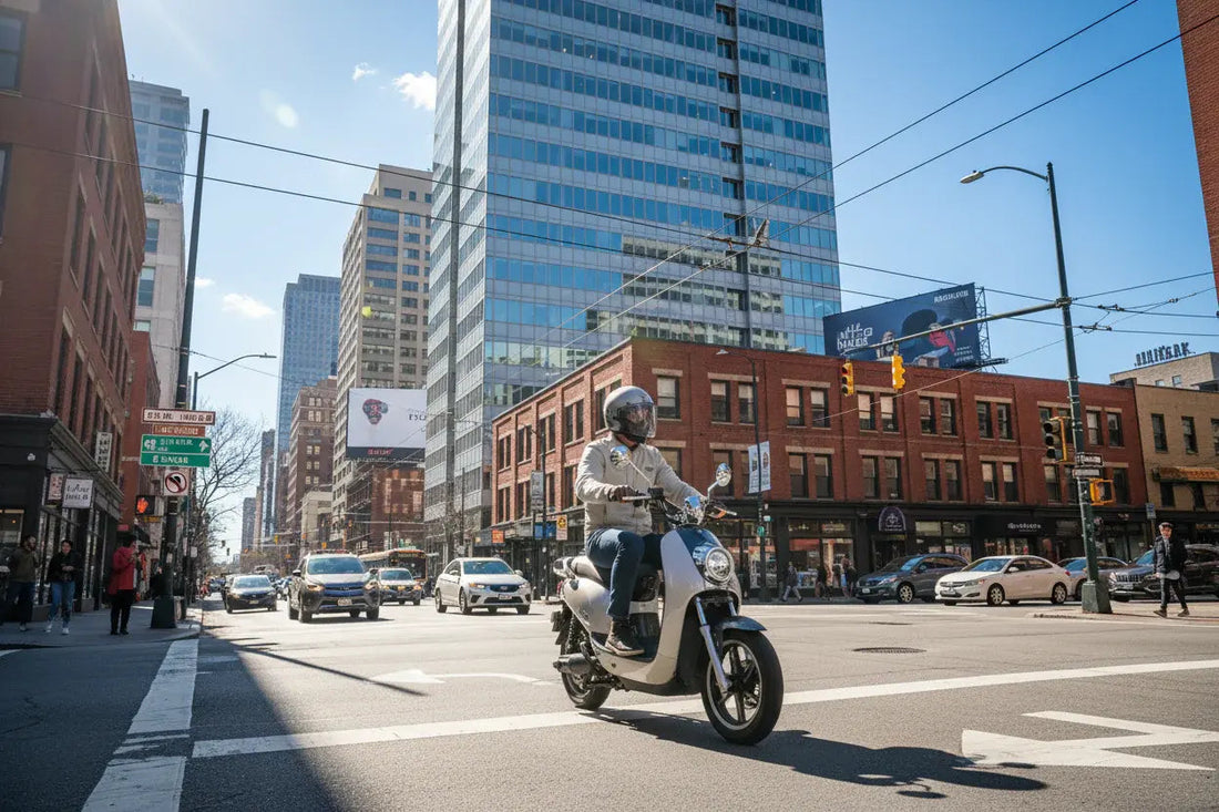 Person riding a moped scooter on a city street with tall buildings and traffic in sunlight