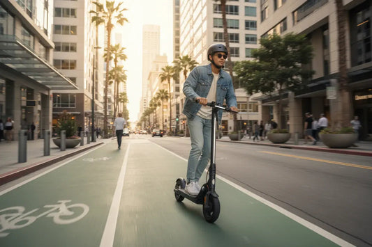 Man riding electric scooter in city bike lane, wearing helmet and sunglasses