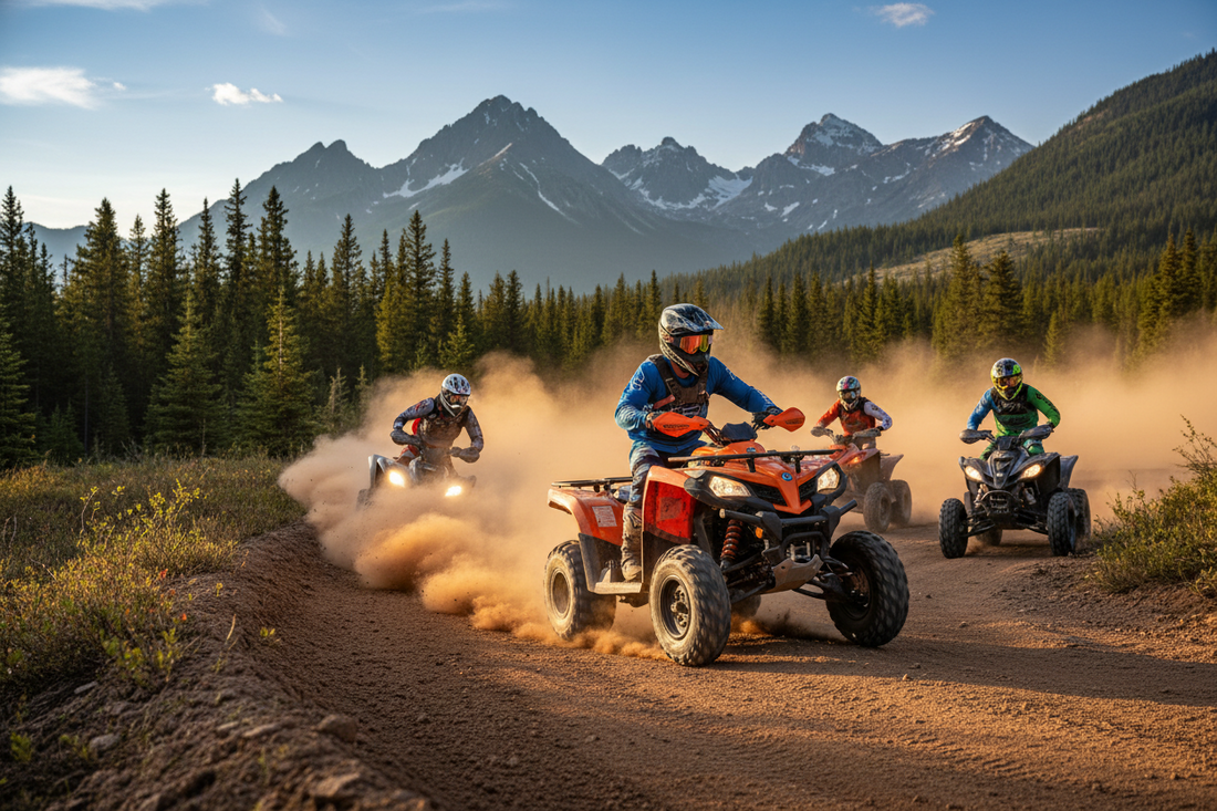 Riders on ATVs driving on a dirt trail in the mountains at sunset, creating dust clouds.