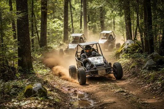 Go-karts racing on off-road forest trail, kicking up dirt, rugged terrain, outdoor adventure