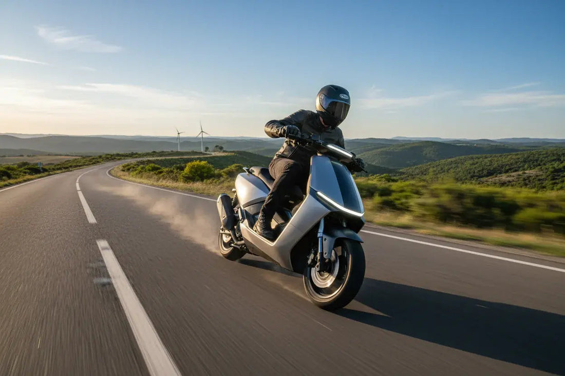 Person riding modern motor scooter on open road with scenic hills and wind turbines