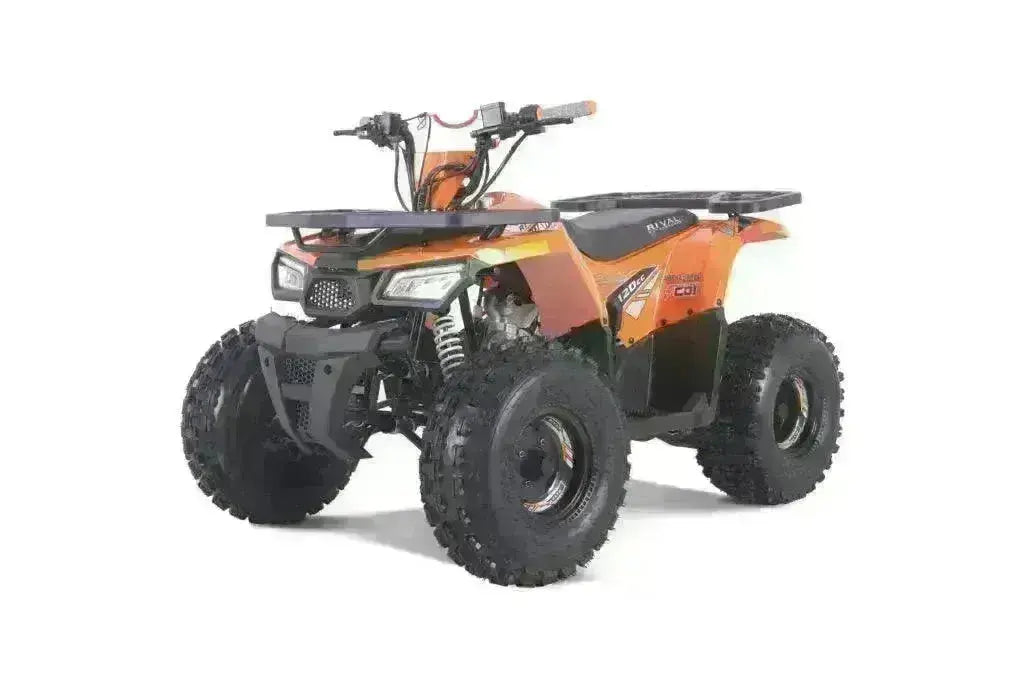 Orange 125cc youth utility ATV with rugged tires and front rack on white background