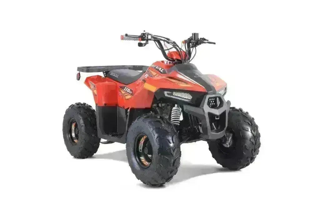 Red 110cc kids ATV with rugged tires, black accents, and visible suspension, studio background