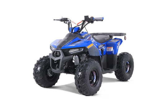 Blue 110cc kids ATV with rugged tires and sporty design on white background