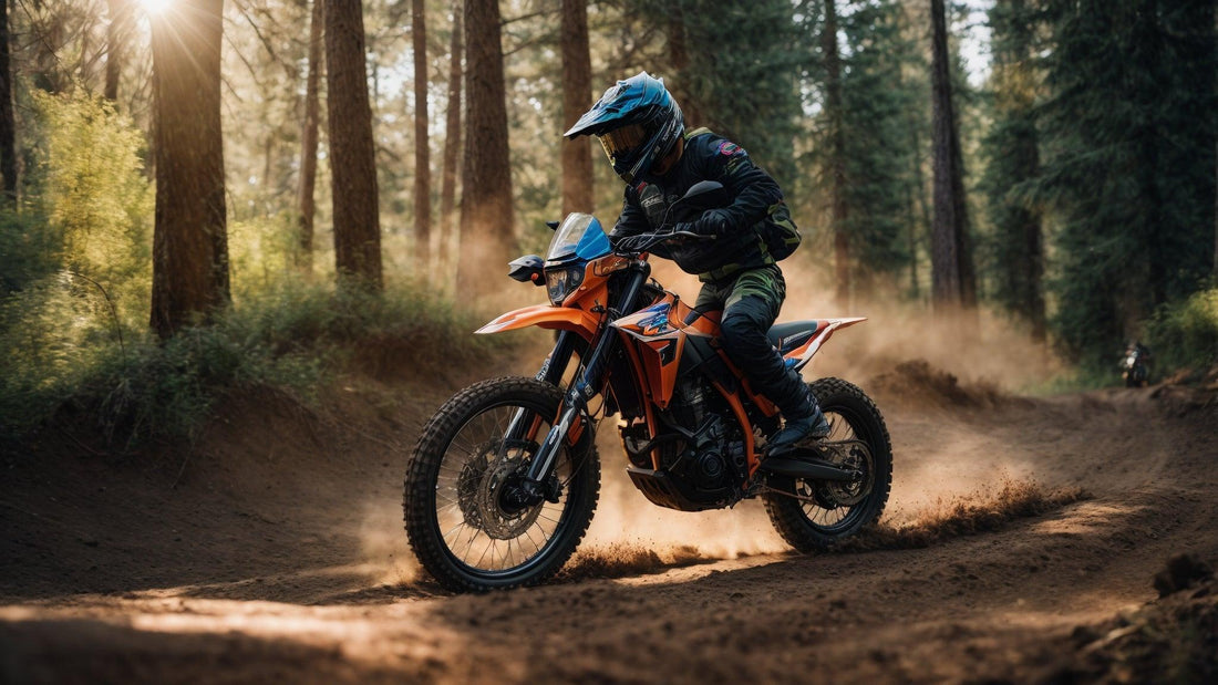 Rider on orange 250cc dual sport motorcycle on dirt trail in Texas forest