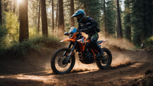 Rider on orange 250cc dual sport motorcycle on dirt trail in Texas forest