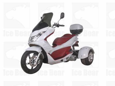 White and red 3-wheel road-legal trike scooter with windshield and rear storage box