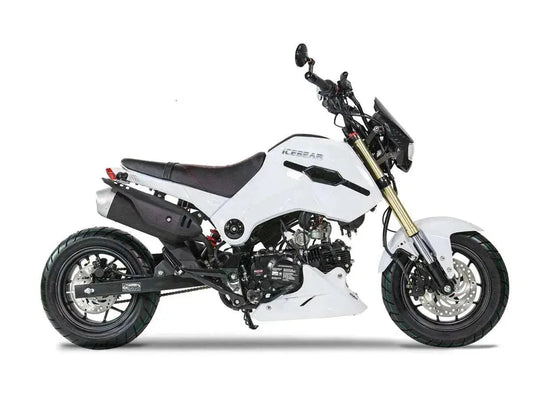 White Fuerza 125cc motorcycle with street tires and modern compact design