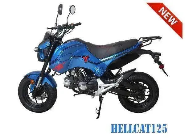 Blue Hellcat 125cc motorcycle with black wheels and mirrors, side view, road-legal model.