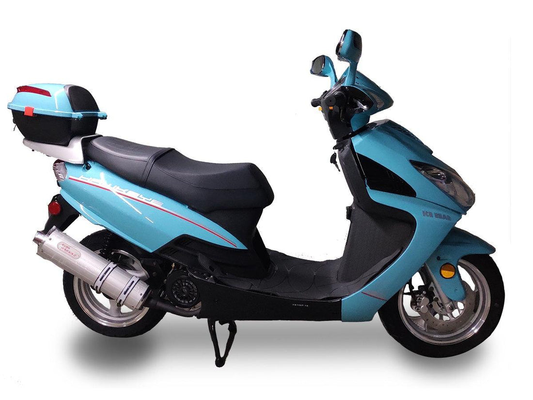 Blue 150cc motor scooter with rear storage box, fuel efficient, side profile on white background