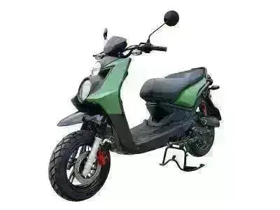 Green and black Vision 150 scooter with street tires and side kickstand on white background