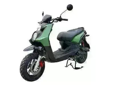 Green and black Vision 150 scooter with street tires and side kickstand on white background