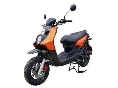Orange and black Vision 150cc road-legal scooter with dual headlights on white background