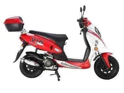 Red and white VIP 50cc retro scooter with cargo box, side view, road-legal design.
