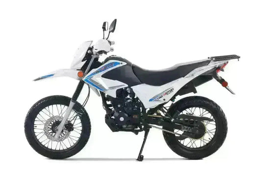 White 250cc dual sport motorcycle with black seat and blue accents, side view on white background