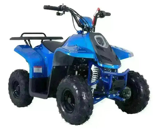 Blue kids ATV with rugged tires and front suspension on white background