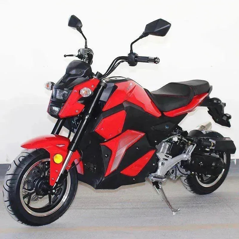 Red 150cc fully automatic motorcycle with sporty design on a white background
