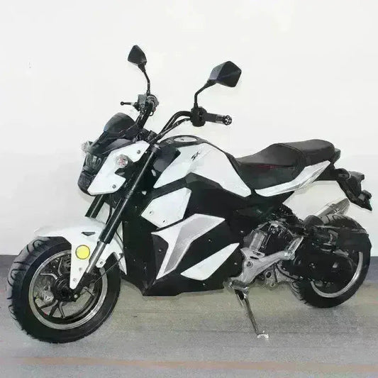 Black and white 150cc motorcycle with angular body panels, parked indoors
