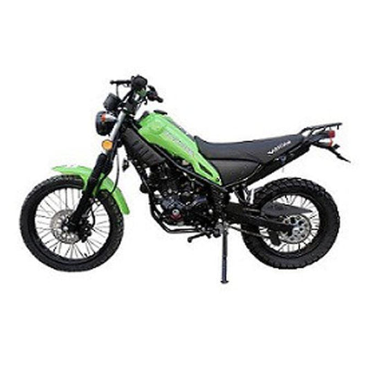 Green 250cc dirt bike with off-road tires and black seat on white background
