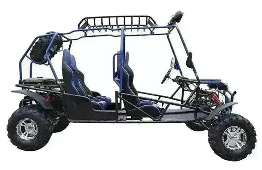 Four seat 200cc go-kart with off-road tires and roll cage, side view
