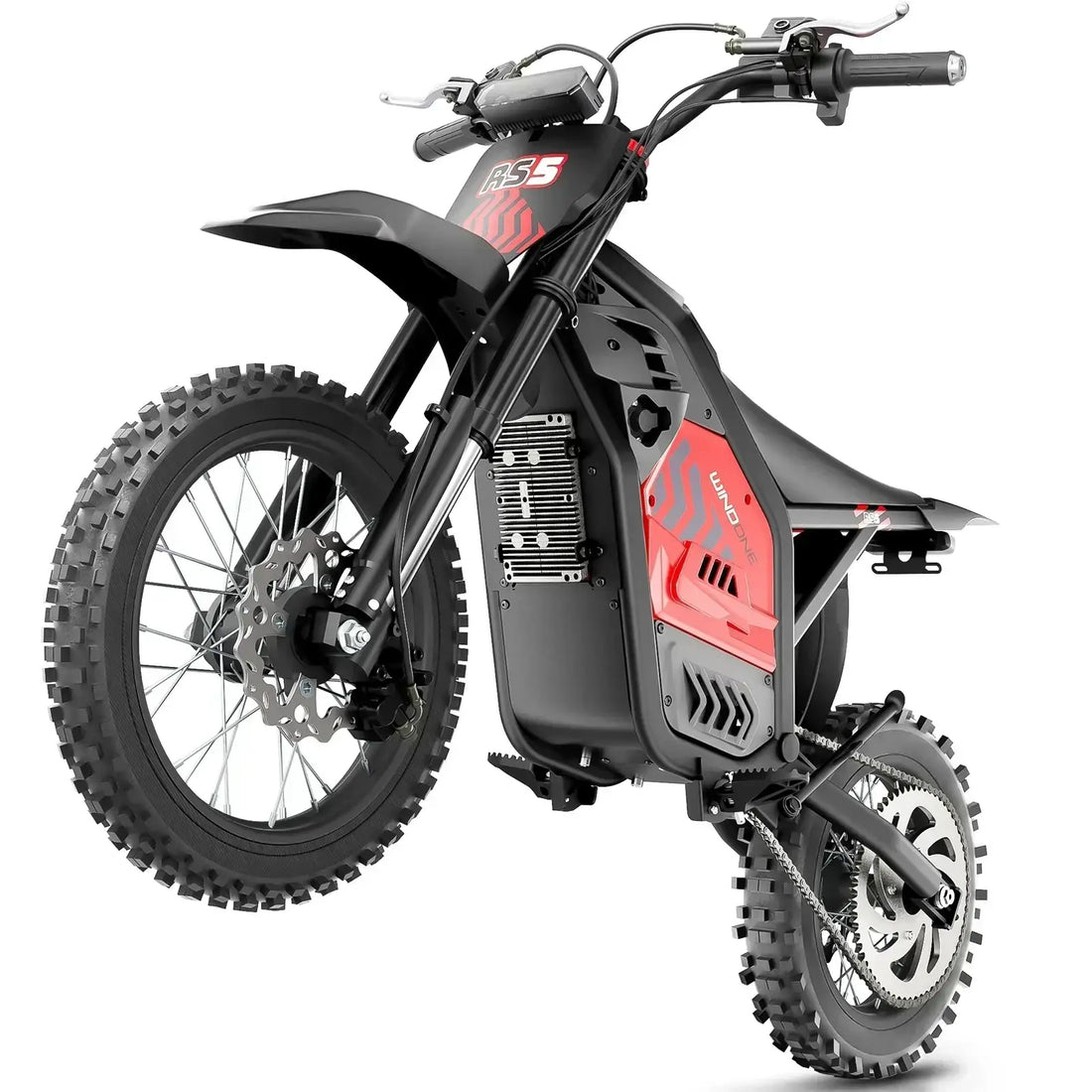 Black and red electric dirt bike with knobby tires, upright on rear wheel, isolated on white