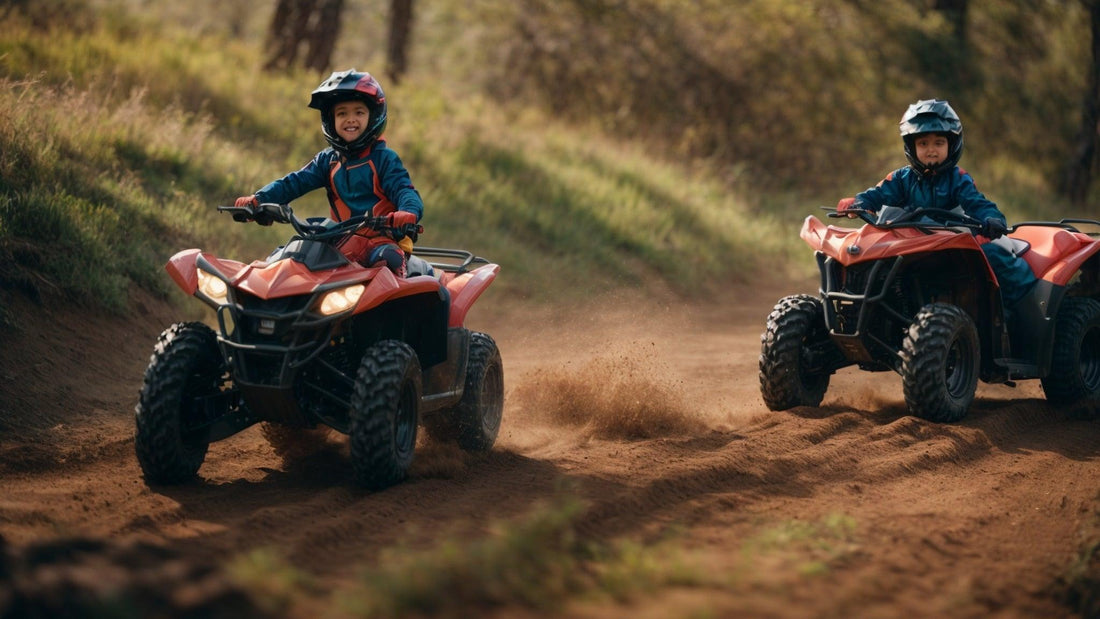 Kids riding red ATVs on a dirt trail outdoors, wearing helmets and safety gear