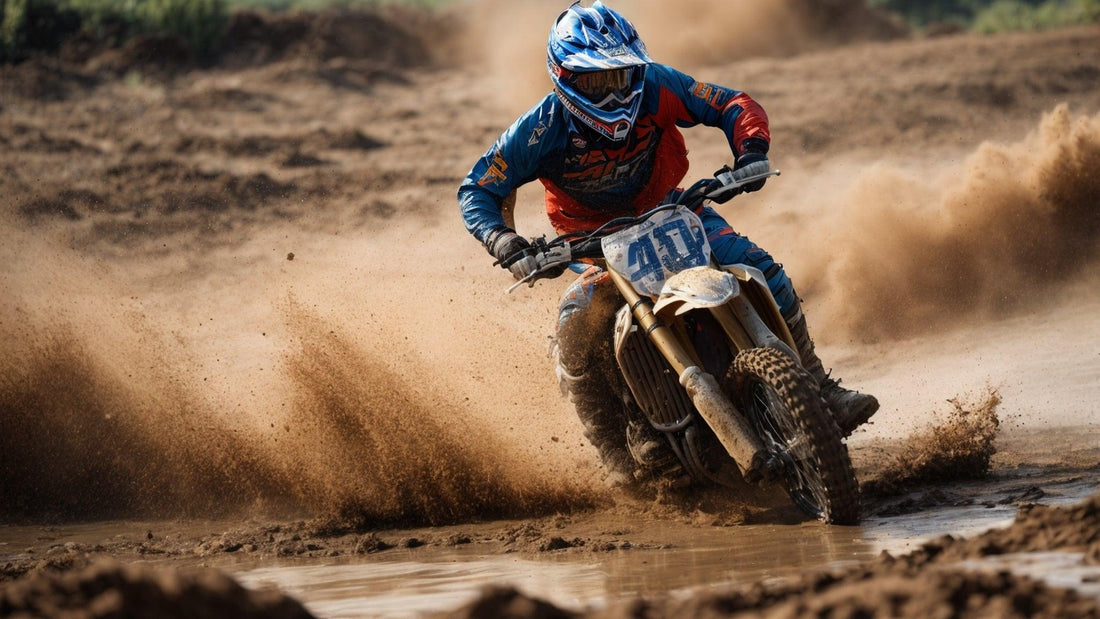 Dirt bike rider in full gear racing through muddy terrain, kicking up dirt and water.